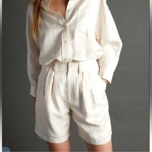 Anine Bing Carrie Linen Textured Pleated Shorts High Rise Cream EU 40